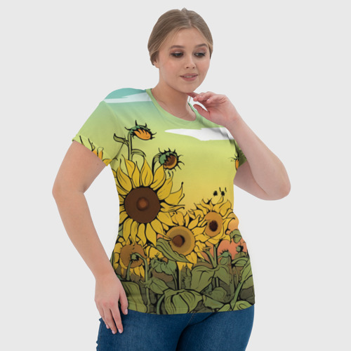 Женская футболка 3D с принтом Поле подсолнухов, фото #4