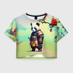 Женская футболка Crop-top 3D Панда-самурай - цветущая сакура