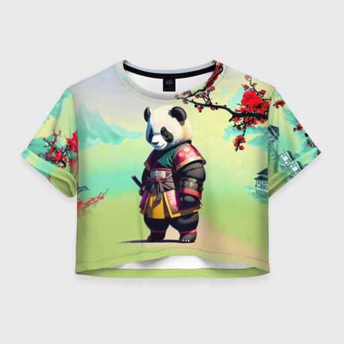Женская футболка Crop-top 3D Панда-самурай - цветущая сакура, цвет 3D печать