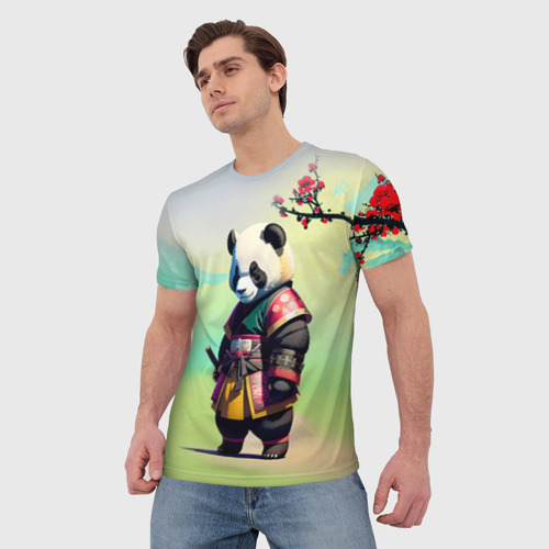 Мужская футболка 3D Панда-самурай - цветущая сакура, цвет 3D печать - фото 3