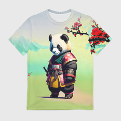 Мужская футболка 3D Панда-самурай - цветущая сакура