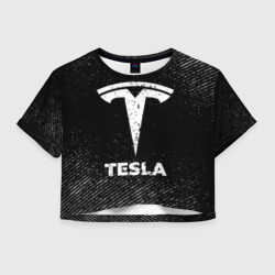 Женская футболка Crop-top 3D Tesla с потертостями на темном фоне