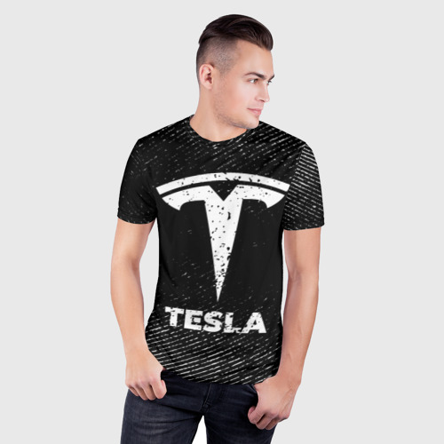 Мужская футболка 3D Slim Tesla с потертостями на темном фоне, цвет 3D печать - фото 3