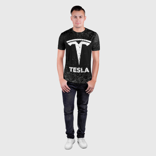 Мужская футболка 3D Slim Tesla с потертостями на темном фоне, цвет 3D печать - фото 4