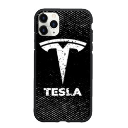 Чехол для iPhone 11 Pro Max матовый Tesla с потертостями на темном фоне