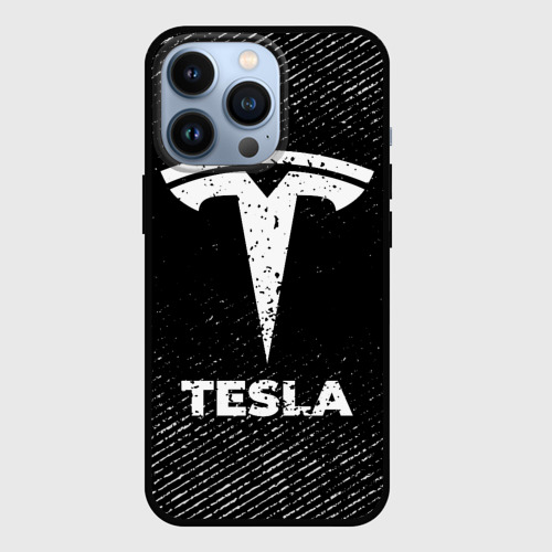 Чехол для iPhone 13 Pro Tesla с потертостями на темном фоне