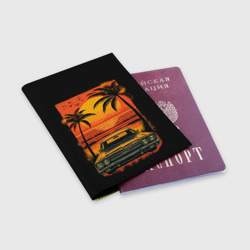 Обложка для паспорта матовая кожа Машина в пальмах на закате, цвет желтый - фото 3