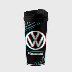 Термокружка-непроливайка Значок Volkswagen в стиле glitch на темном фоне