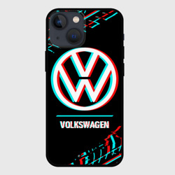 Чехол для iPhone 13 mini Значок Volkswagen в стиле glitch на темном фоне