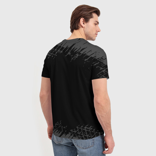 Мужская футболка 3D с принтом Infiniti speed на темном фоне со следами шин, вид сзади #2