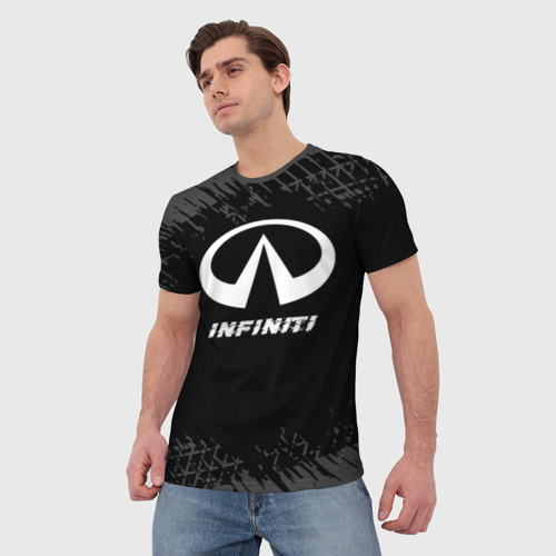 Мужская футболка 3D с принтом Infiniti speed на темном фоне со следами шин, фото на моделе #1