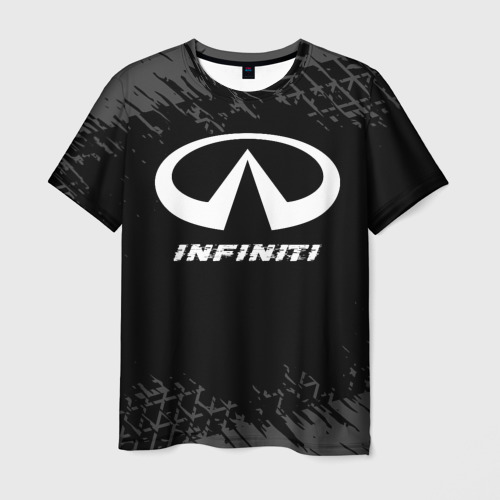 Мужская футболка 3D с принтом Infiniti speed на темном фоне со следами шин, вид спереди #2