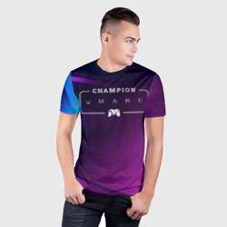 Мужская футболка 3D Slim Quake gaming champion: рамка с лого и джойстиком на неоновом фоне - фото 2