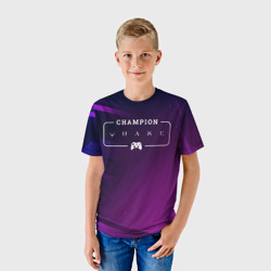 Футболка с принтом Quake gaming champion: рамка с лого и джойстиком на неоновом фоне для ребенка, вид на модели спереди №2. Цвет основы: белый