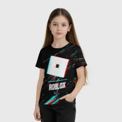 Детская футболка 3D Roblox в стиле glitch и баги графики на темном фоне - фото 2
