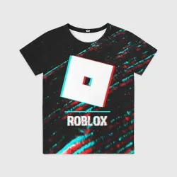 Детская футболка 3D Roblox в стиле glitch и баги графики на темном фоне