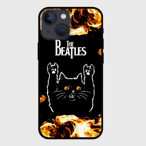 Чехол для iPhone 13 mini с принтом The Beatles рок кот и огонь, вид спереди #2