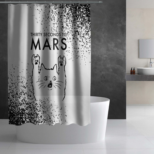 Штора 3D для ванной Thirty Seconds to Mars рок кот на светлом фоне - фото 2