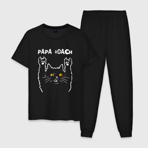Мужская пижама хлопок Papa Roach rock cat, цвет черный