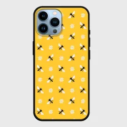 Чехол для iPhone 14 Pro Max Пчелы и цветы паттерн