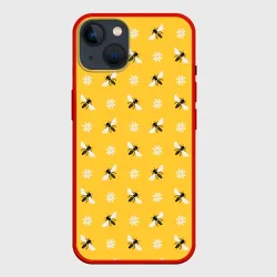 Чехол для iPhone 14 Пчелы и цветы паттерн