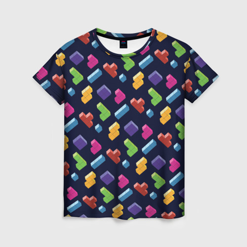 Женская футболка 3D с принтом Абстрактные игровые блоки тетрис, вид спереди #2