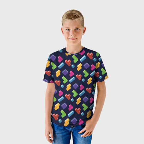 Детская футболка 3D с принтом Абстрактные игровые блоки Тетрис, фото на моделе #1