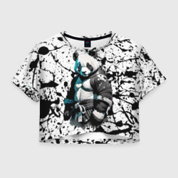 Женская футболка Crop-top 3D Panda samurai on the background of blots