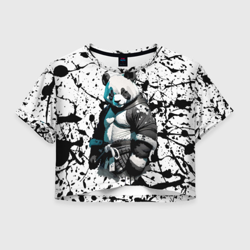 Женская футболка Crop-top 3D Panda samurai on the background of blots, цвет 3D печать