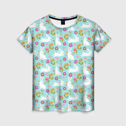 Женская футболка 3D с принтом Зайцы паттерн, вид спереди #2