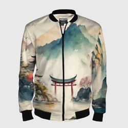 Мужской бомбер 3D Японский пейзаж - акварель