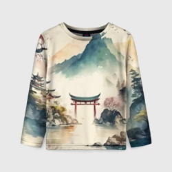 Детский лонгслив 3D Японский пейзаж - акварель