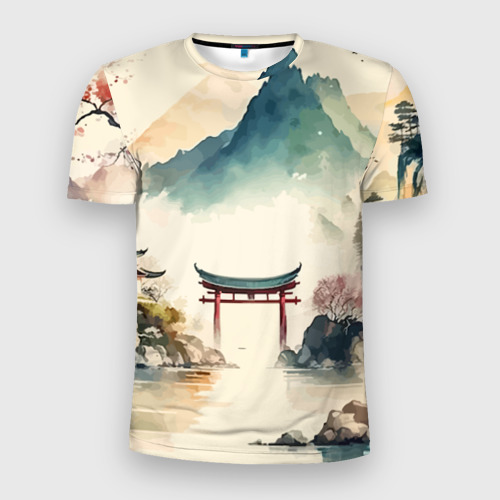 Мужская футболка 3D Slim с принтом Японский пейзаж - акварель, вид спереди #2