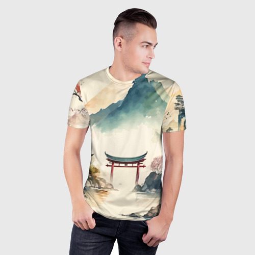 Мужская футболка 3D Slim с принтом Японский пейзаж - акварель, фото на моделе #1