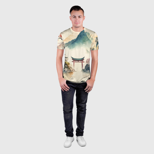 Мужская футболка 3D Slim с принтом Японский пейзаж - акварель, вид сбоку #3
