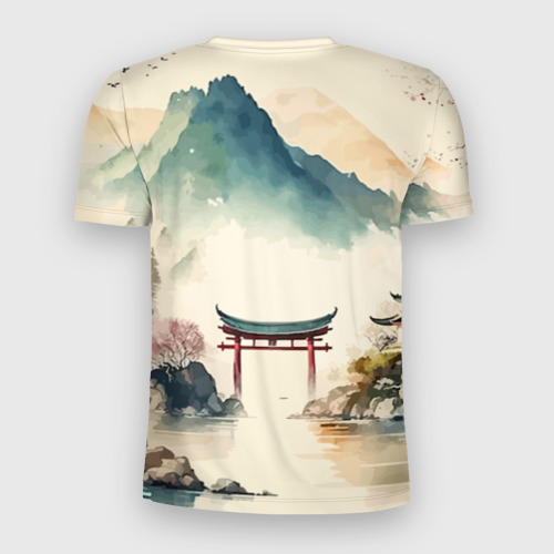 Мужская футболка 3D Slim с принтом Японский пейзаж - акварель, вид сзади #1