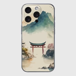 Чехол для iPhone 15 Pro Max силиконовый с защитой камеры Японский пейзаж - акварель
