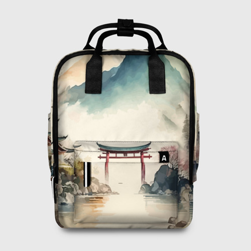 Женский рюкзак 3D с принтом Японский пейзаж - акварель, вид спереди #2
