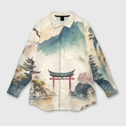 Женская рубашка oversize 3D Японский пейзаж - акварель
