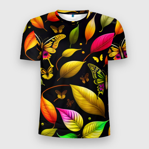 Мужская футболка 3D Slim Листья и бабочки, цвет 3D печать
