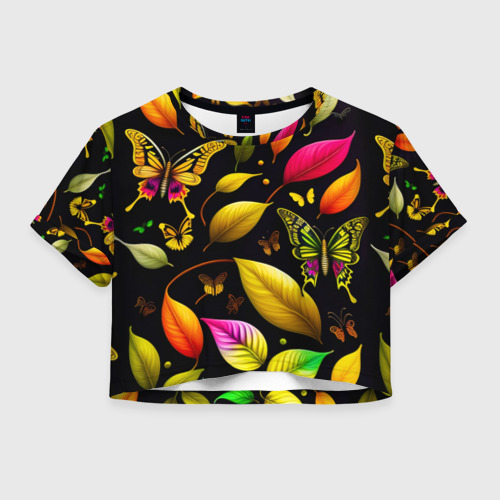 Женская футболка Crop-top 3D Листья и бабочки, цвет 3D печать