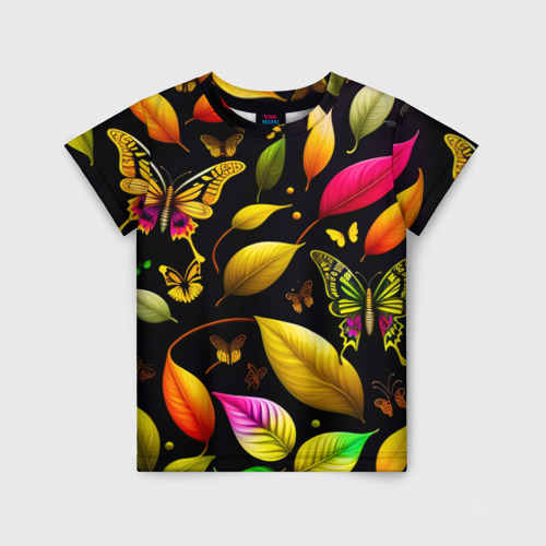 Детская футболка 3D с принтом Листья и бабочки, вид спереди #2
