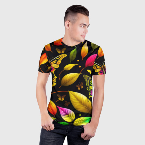 Мужская футболка 3D Slim Листья и бабочки, цвет 3D печать - фото 3