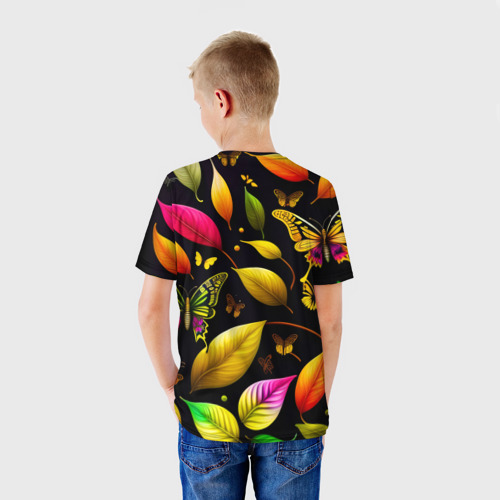 Детская футболка 3D с принтом Листья и бабочки, вид сзади #2