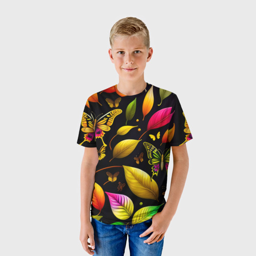 Детская футболка 3D с принтом Листья и бабочки, фото на моделе #1
