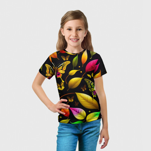 Детская футболка 3D с принтом Листья и бабочки, вид сбоку #3