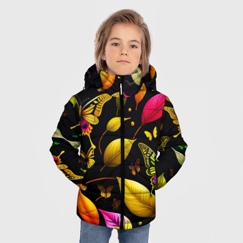Зимняя куртка для мальчиков 3D Листья и бабочки, цвет черный - фото 3