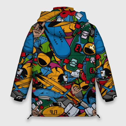 Женская зимняя куртка 3D с принтом Скейт-зомби микс, вид сзади #1