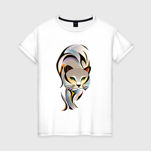 Женская футболка из хлопка с принтом Крадущаяся кошка, вид спереди №1