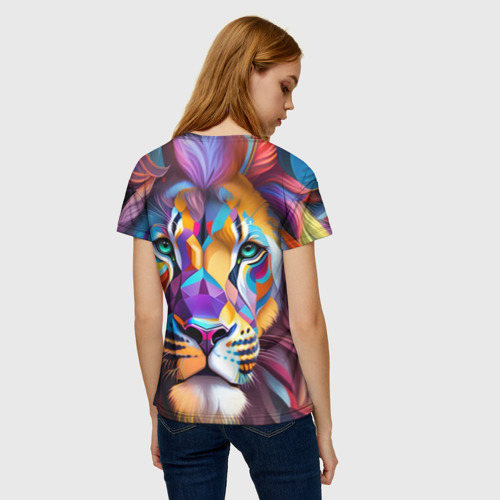 Женская футболка 3D с принтом Голова льва росписного, вид сзади #2